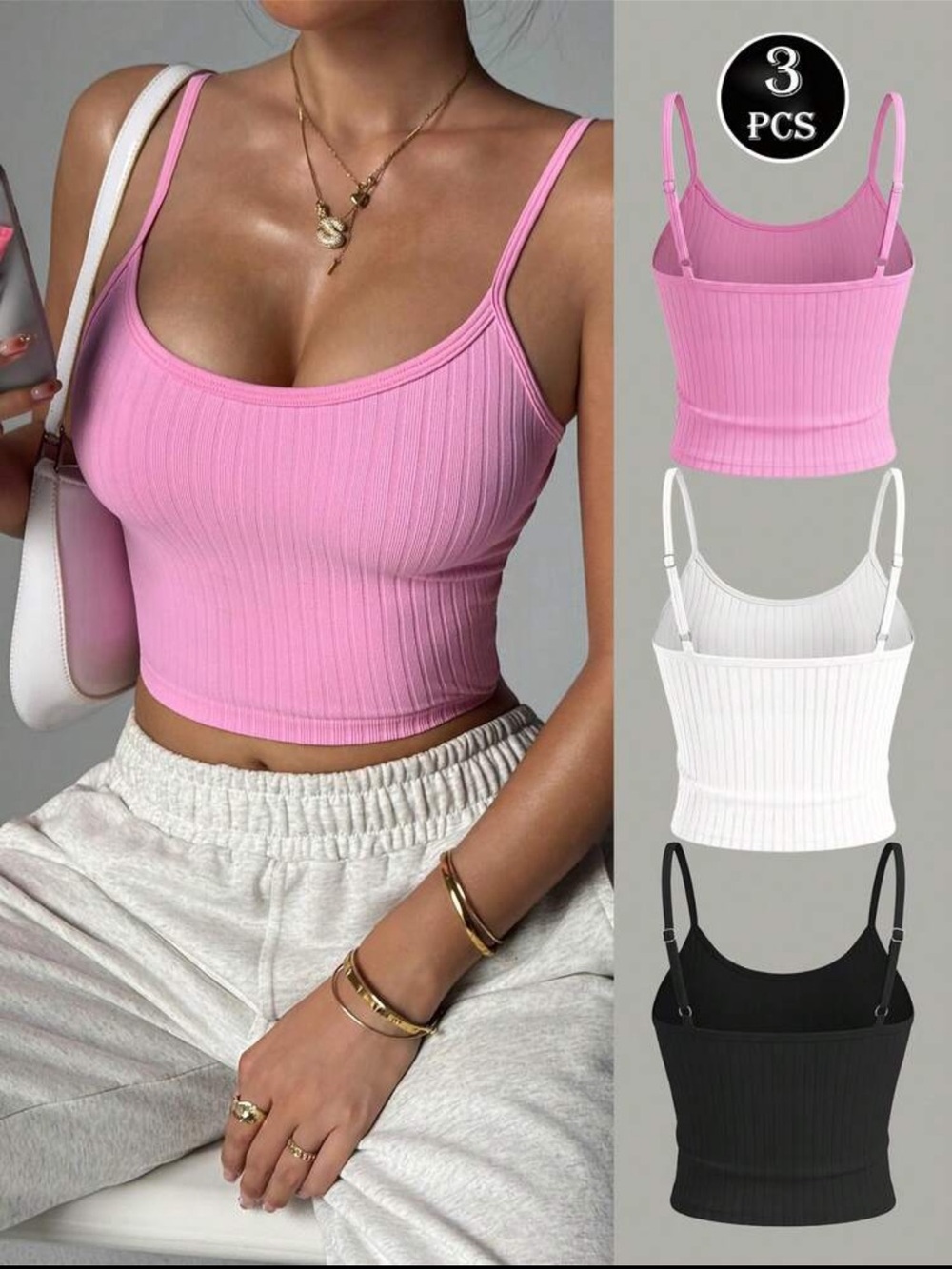 Ribbed Pink Cropped Tank Top - Set of 3, Pink/White/Black